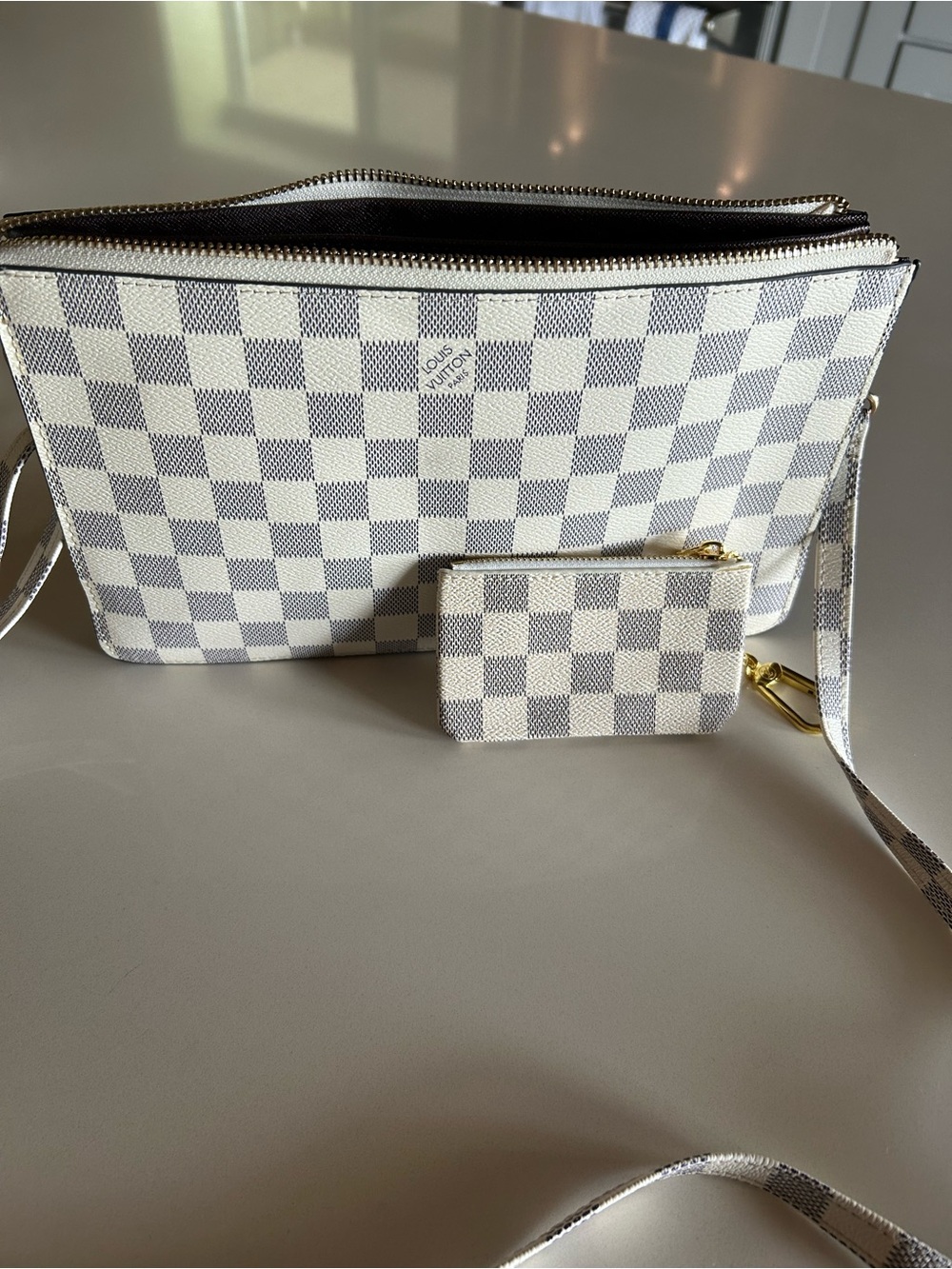 Inspired Crossbody Trio in White/blue with matching coin purse.